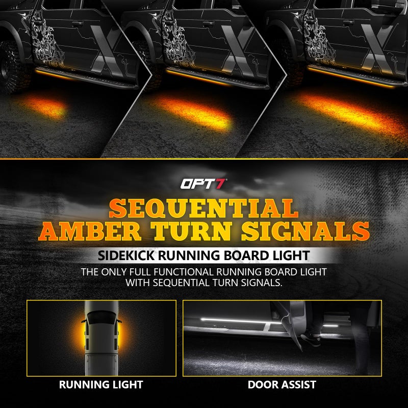 OPT7 Sidekick 60" Running Board Lights 2PCS LED Strips w/Sequential Amber Turn Signal, DRL, White Courtesy Light for Regular Super Cab Trucks Pickup SUV Trailer - Image 2